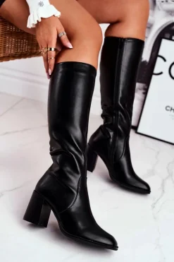 Clearance Boto Kozaki Damskie Na Słupku Ciepłe Czarne Veronique