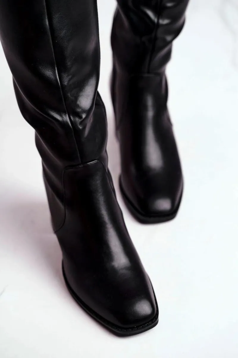 Clearance Boto Kozaki Damskie Na Słupku Ciepłe Czarne Veronique