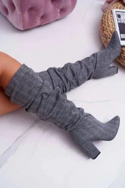 Sale Boto Kozaki Damskie Na Słupku Do Kolan Szare Termen