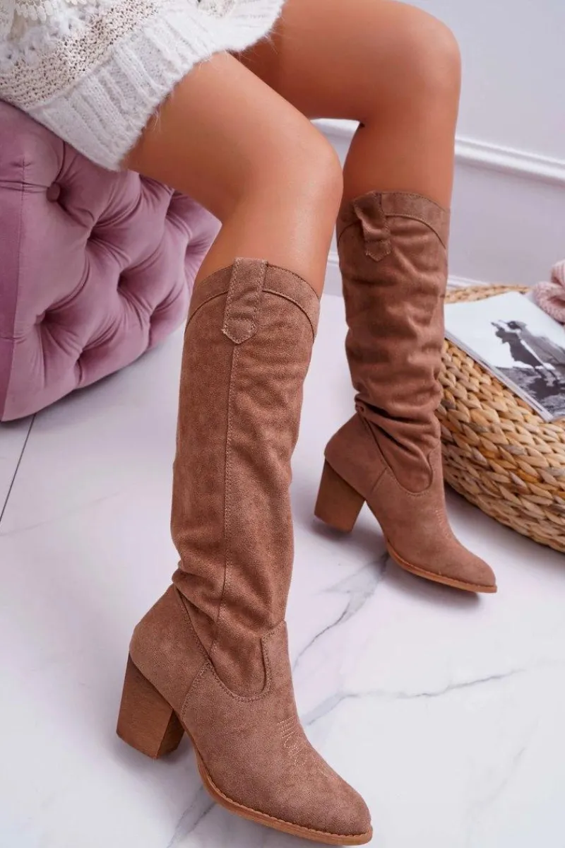 Sale Boto Kozaki Damskie Na Słupku Do Kolana Zamszowe Beżowe Lemane