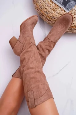 Sale Boto Kozaki Damskie Na Słupku Do Kolana Zamszowe Beżowe Lemane