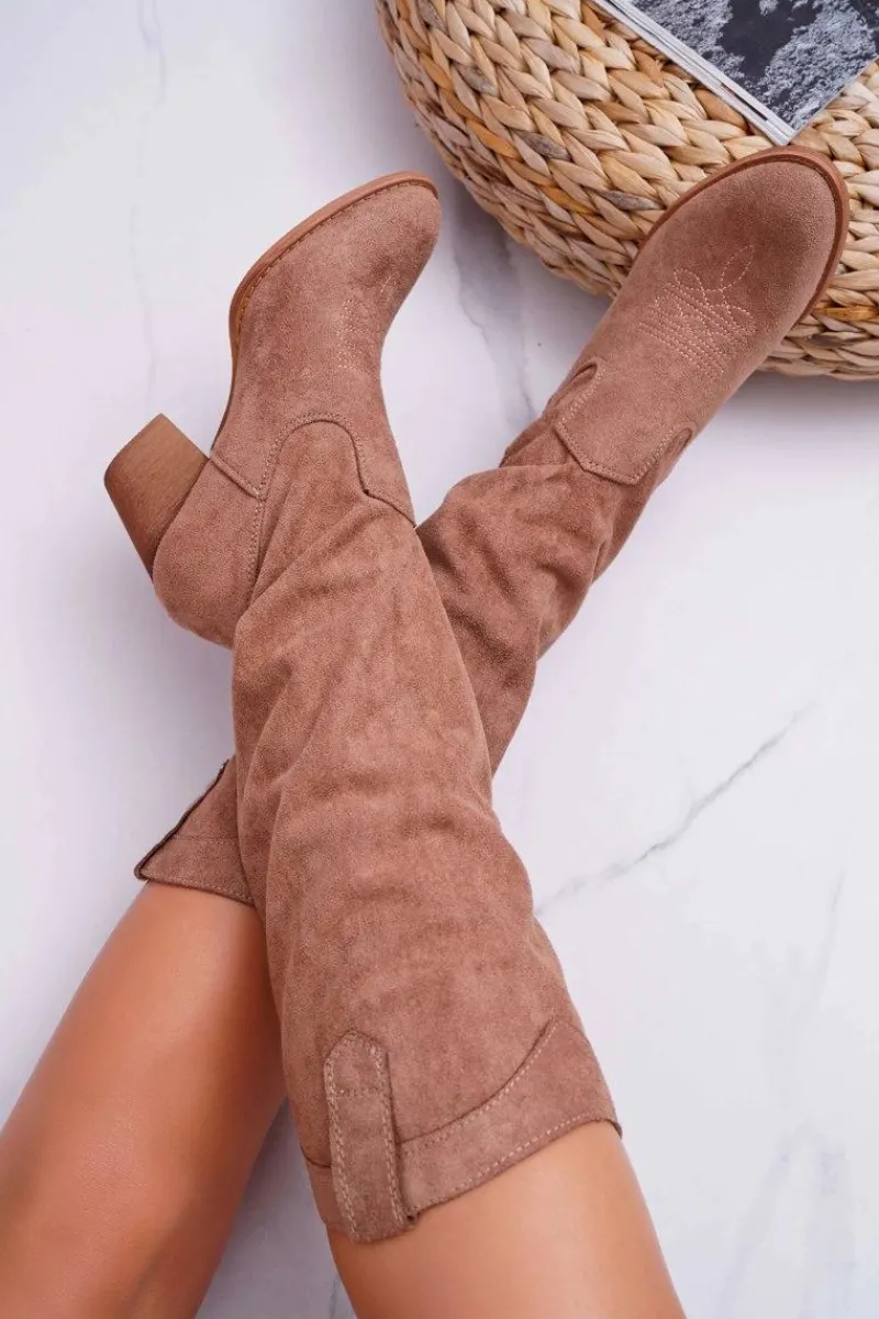 Sale Boto Kozaki Damskie Na Słupku Do Kolana Zamszowe Beżowe Lemane