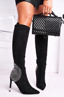 Outlet Boto Kozaki Damskie Na Słupku Do Kolana Czarne Fashionable