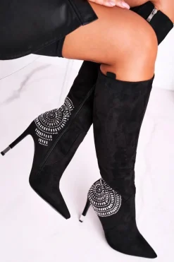 Outlet Boto Kozaki Damskie Na Słupku Do Kolana Czarne Fashionable
