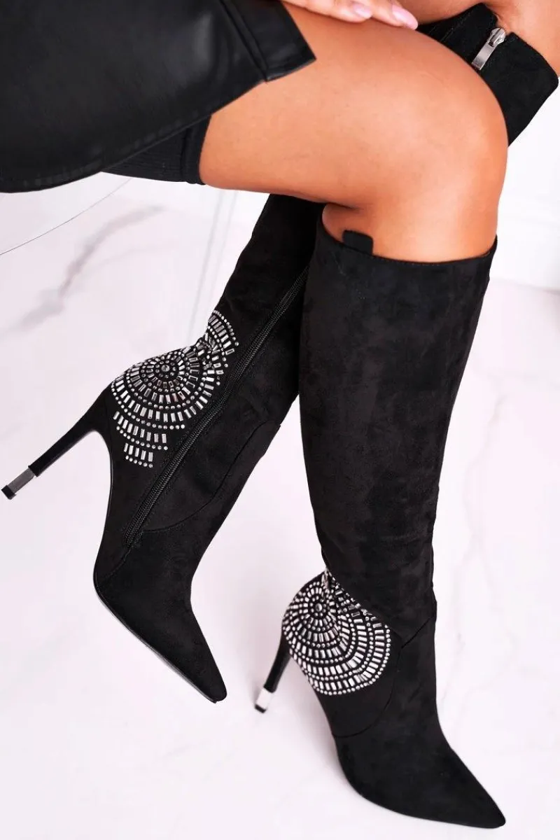 Outlet Boto Kozaki Damskie Na Słupku Do Kolana Czarne Fashionable