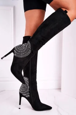 Outlet Boto Kozaki Damskie Na Słupku Do Kolana Czarne Fashionable