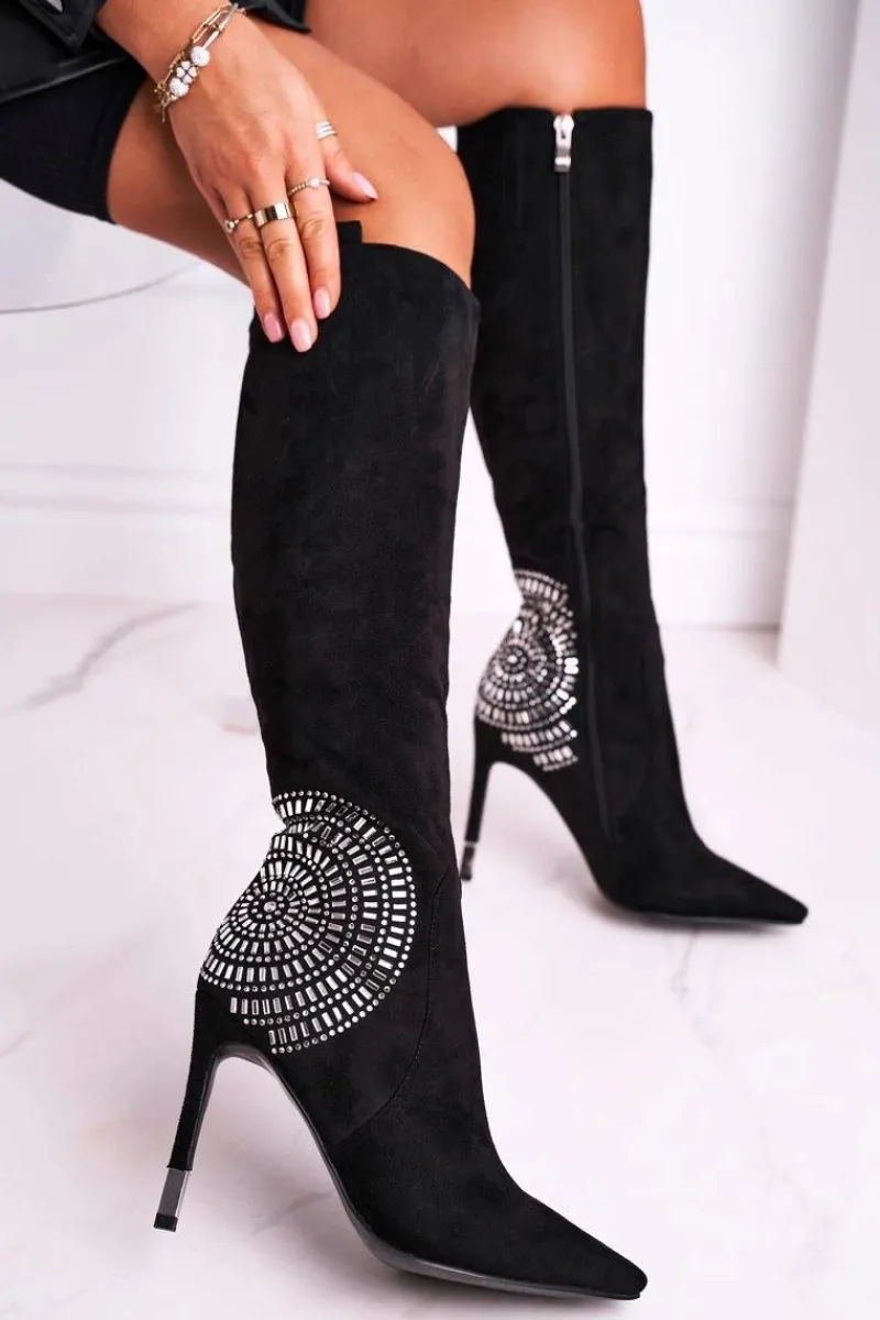 Outlet Boto Kozaki Damskie Na Słupku Do Kolana Czarne Fashionable