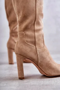 Hot Kozaki Damskie Na Słupku Do Kolana Ciemnobeżowe Truly Love Damskie Kozaki Wiosenne|Kozaki Przed Kolano