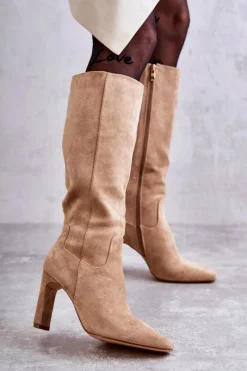 Hot Kozaki Damskie Na Słupku Do Kolana Ciemnobeżowe Truly Love Damskie Kozaki Wiosenne|Kozaki Przed Kolano