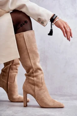 Hot Kozaki Damskie Na Słupku Do Kolana Ciemnobeżowe Truly Love Damskie Kozaki Wiosenne|Kozaki Przed Kolano