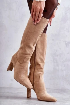 Hot Kozaki Damskie Na Słupku Do Kolana Ciemnobeżowe Truly Love Damskie Kozaki Wiosenne|Kozaki Przed Kolano