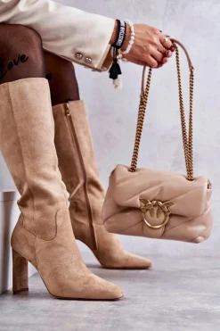 Hot Kozaki Damskie Na Słupku Do Kolana Ciemnobeżowe Truly Love Damskie Kozaki Wiosenne|Kozaki Przed Kolano