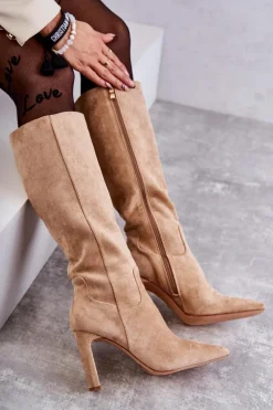 Hot Kozaki Damskie Na Słupku Do Kolana Ciemnobeżowe Truly Love Damskie Kozaki Wiosenne|Kozaki Przed Kolano