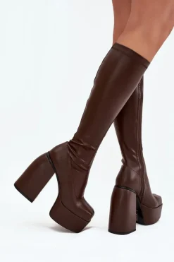 Kozaki Ocieplane|Kozaki Na Słupku></noscript>Boto Kozaki Damskie Na Słupku I Platformie Czekoladowe Yavira