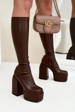 Kozaki Ocieplane|Kozaki Na Słupku></noscript>Boto Kozaki Damskie Na Słupku I Platformie Czekoladowe Yavira