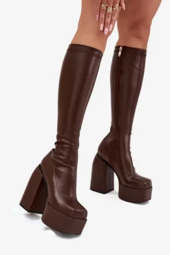 Kozaki Ocieplane|Kozaki Na Słupku></noscript>Boto Kozaki Damskie Na Słupku I Platformie Czekoladowe Yavira