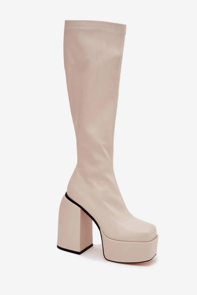 Kozaki Ocieplane|Kozaki Na Słupku>Boto Kozaki Damskie Na Słupku I Platformie Jasnobeżowe Yavira Beżowy