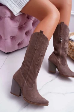 Kozaki Wiosenne|Kozaki Na Obcasie>Boto Kozaki Damskie Na Słupku Kowbojki Cappuccino Brunt