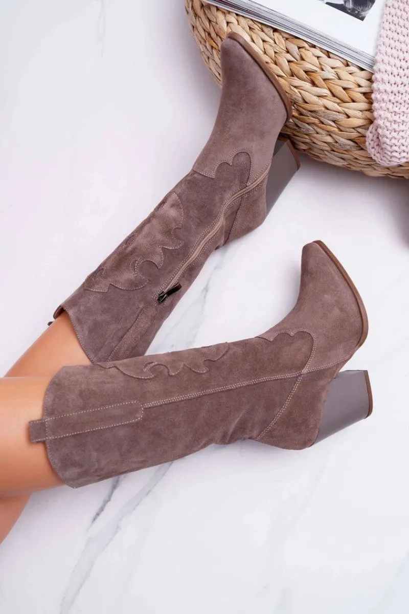 Kozaki Wiosenne|Kozaki Na Obcasie>Boto Kozaki Damskie Na Słupku Kowbojki Cappuccino Brunt