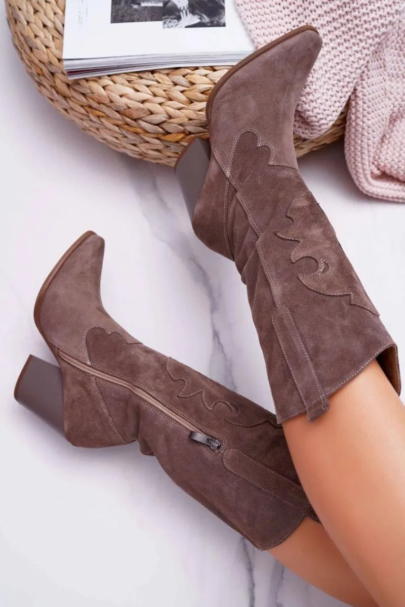 Kozaki Wiosenne|Kozaki Na Obcasie>Boto Kozaki Damskie Na Słupku Kowbojki Cappuccino Brunt