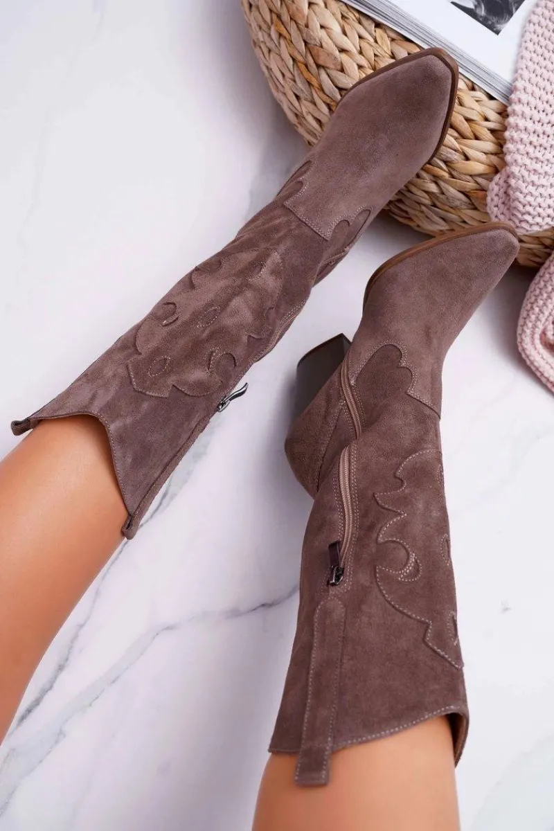 Kozaki Wiosenne|Kozaki Na Obcasie>Boto Kozaki Damskie Na Słupku Kowbojki Cappuccino Brunt