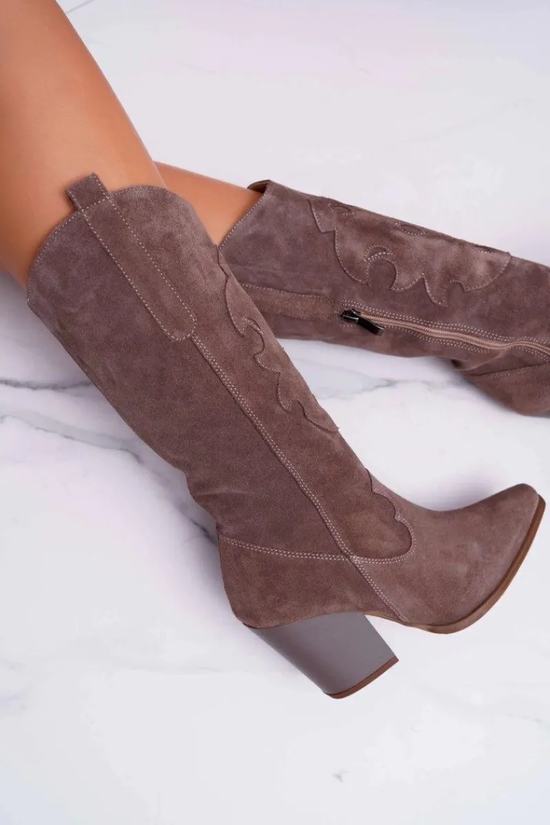 Kozaki Wiosenne|Kozaki Na Obcasie>Boto Kozaki Damskie Na Słupku Kowbojki Cappuccino Brunt