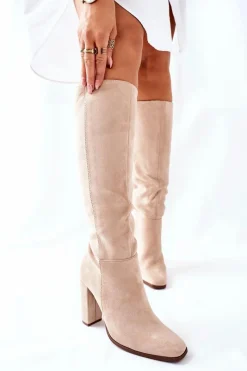 Boto Kozaki Damskie Na Słupku Ocieplane Beżowe Finner