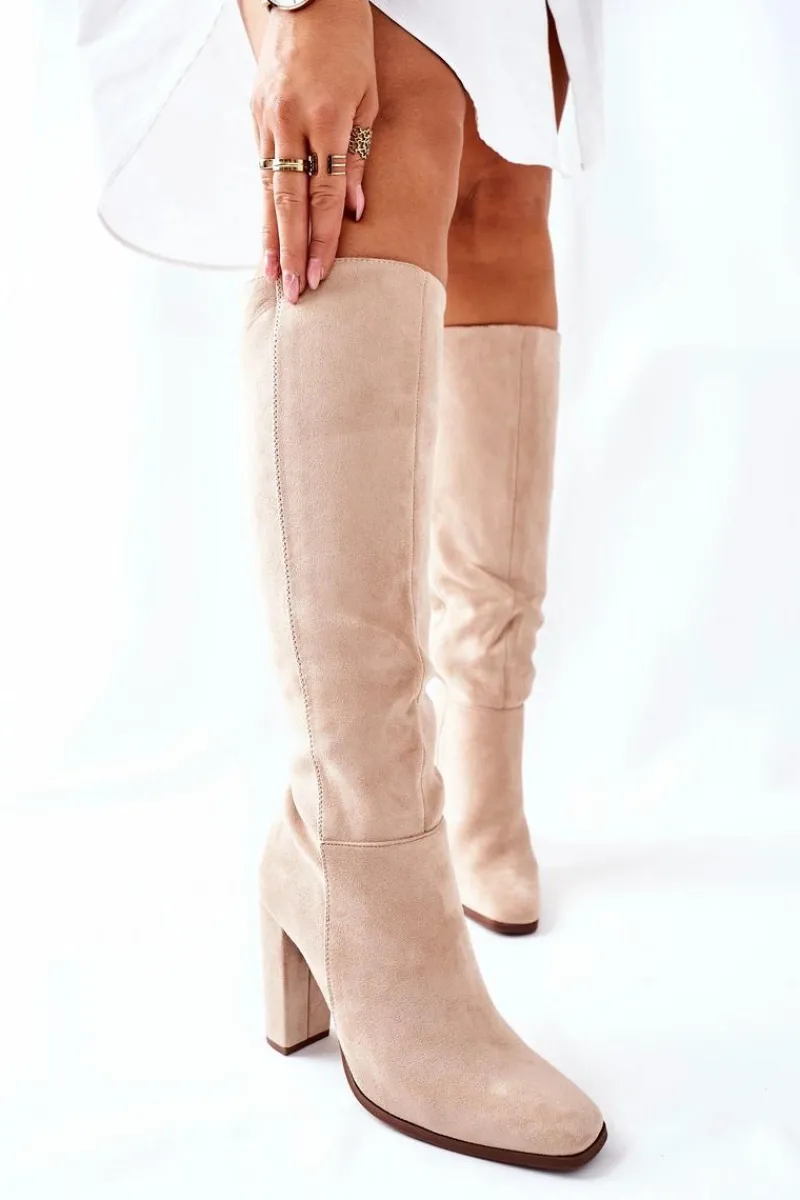 Boto Kozaki Damskie Na Słupku Ocieplane Beżowe Finner