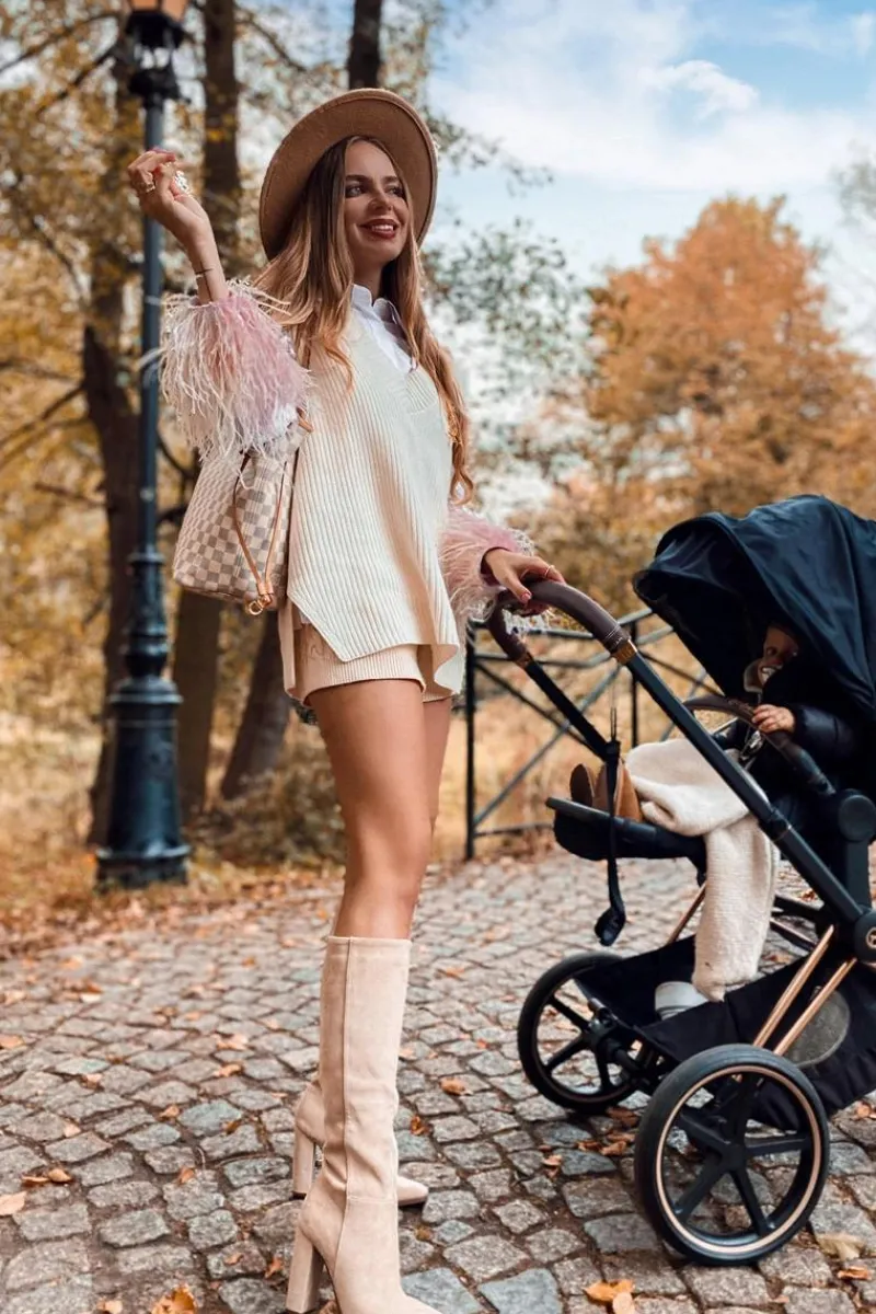 Boto Kozaki Damskie Na Słupku Ocieplane Beżowe Finner