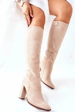 Boto Kozaki Damskie Na Słupku Ocieplane Beżowe Finner