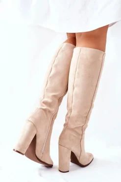 Boto Kozaki Damskie Na Słupku Ocieplane Beżowe Finner