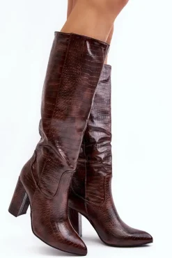 Kozaki Przed Kolano|Kozaki Na Obcasie>Boto Kozaki Damskie Na Słupku Ocieplane Wężowy Wzór Brązowe Delul