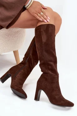 Clearance Kozaki Damskie Na Słupku Ocieplane Czekoladowe Zamira Damskie Kozaki Ocieplane|Kozaki Na Słupku