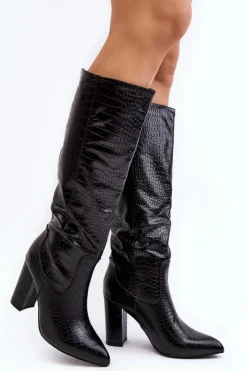 Clearance Boto Kozaki Damskie Na Słupku Ocieplane Wężowy Wzór Czarne Delul