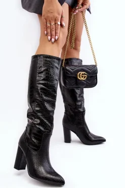 Clearance Boto Kozaki Damskie Na Słupku Ocieplane Wężowy Wzór Czarne Delul