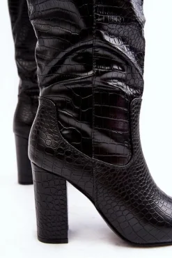 Clearance Boto Kozaki Damskie Na Słupku Ocieplane Wężowy Wzór Czarne Delul