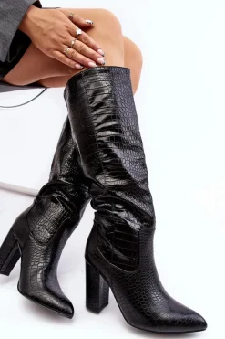 Clearance Boto Kozaki Damskie Na Słupku Ocieplane Wężowy Wzór Czarne Delul