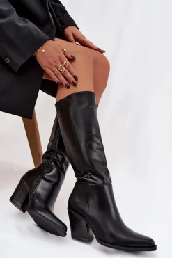 Kozaki Damskie Na Słupku Ocieplane Czarne Katelle Damskie Kozaki Ocieplane|Kozaki Na Słupku