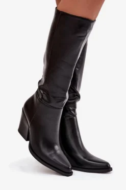 Kozaki Damskie Na Słupku Ocieplane Czarne Katelle Damskie Kozaki Ocieplane|Kozaki Na Słupku