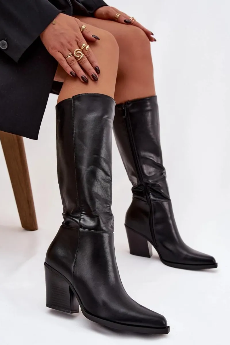 Kozaki Damskie Na Słupku Ocieplane Czarne Katelle Damskie Kozaki Ocieplane|Kozaki Na Słupku