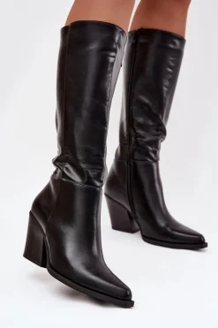 Kozaki Damskie Na Słupku Ocieplane Czarne Katelle Damskie Kozaki Ocieplane|Kozaki Na Słupku