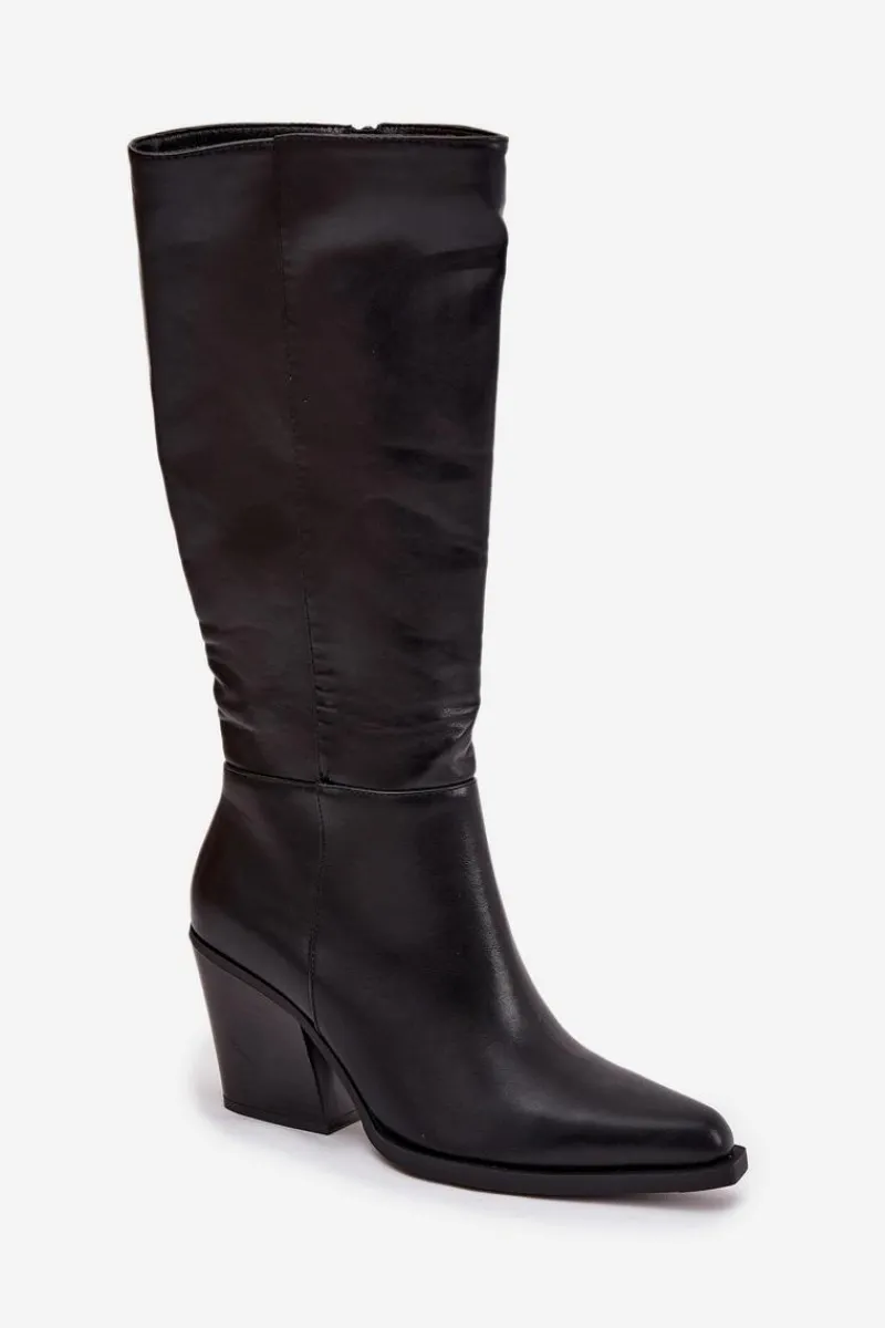 Kozaki Damskie Na Słupku Ocieplane Czarne Katelle Damskie Kozaki Ocieplane|Kozaki Na Słupku