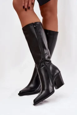 Kozaki Damskie Na Słupku Ocieplane Czarne Katelle Damskie Kozaki Ocieplane|Kozaki Na Słupku