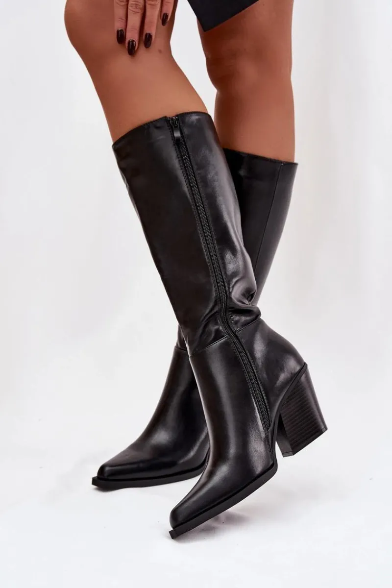 Kozaki Damskie Na Słupku Ocieplane Czarne Katelle Damskie Kozaki Ocieplane|Kozaki Na Słupku