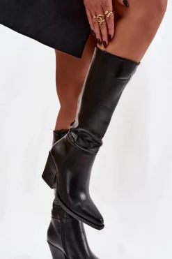 Kozaki Damskie Na Słupku Ocieplane Czarne Katelle Damskie Kozaki Ocieplane|Kozaki Na Słupku