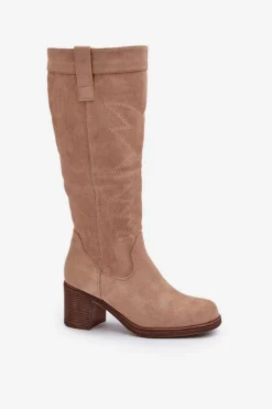 Clearance Boto Kozaki Damskie Na Słupku Przed Kolano Beżowe Erisorae