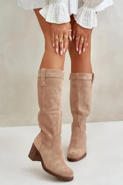 Clearance Boto Kozaki Damskie Na Słupku Przed Kolano Beżowe Erisorae