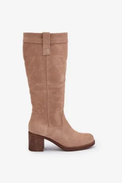 Clearance Boto Kozaki Damskie Na Słupku Przed Kolano Beżowe Erisorae