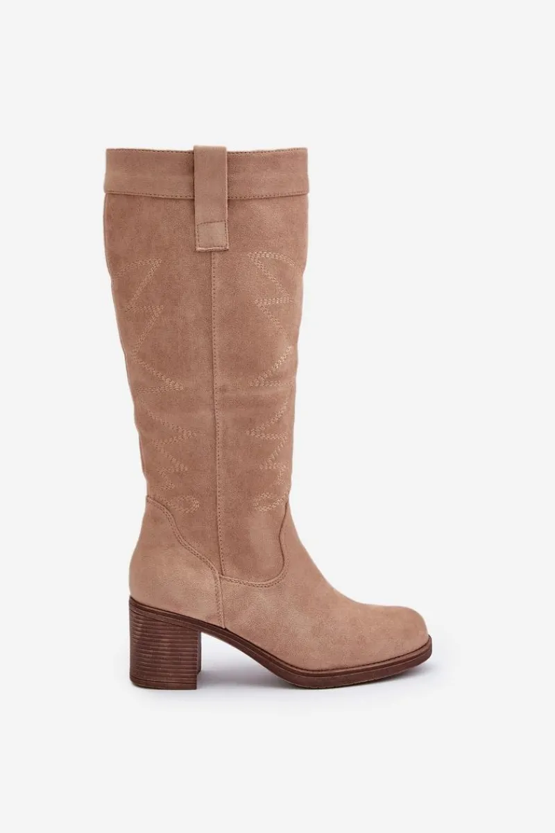 Clearance Boto Kozaki Damskie Na Słupku Przed Kolano Beżowe Erisorae