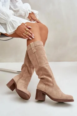 Clearance Boto Kozaki Damskie Na Słupku Przed Kolano Beżowe Erisorae